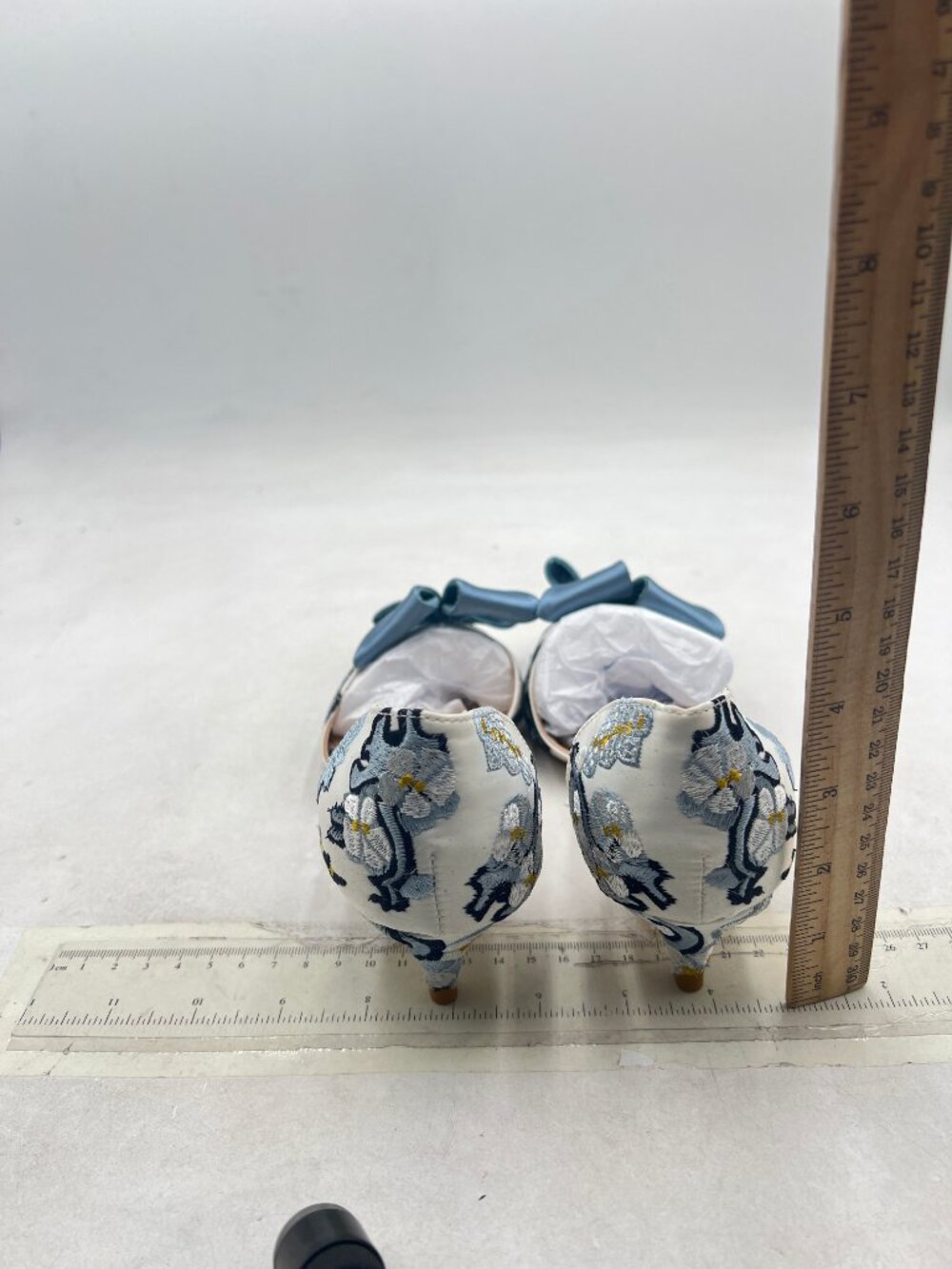 XYD Blue Bloom Embroidery D'Orsay Kitten Heel Bridal Bowknot Pump Point Toe Shoe - Picture 4 of 7
